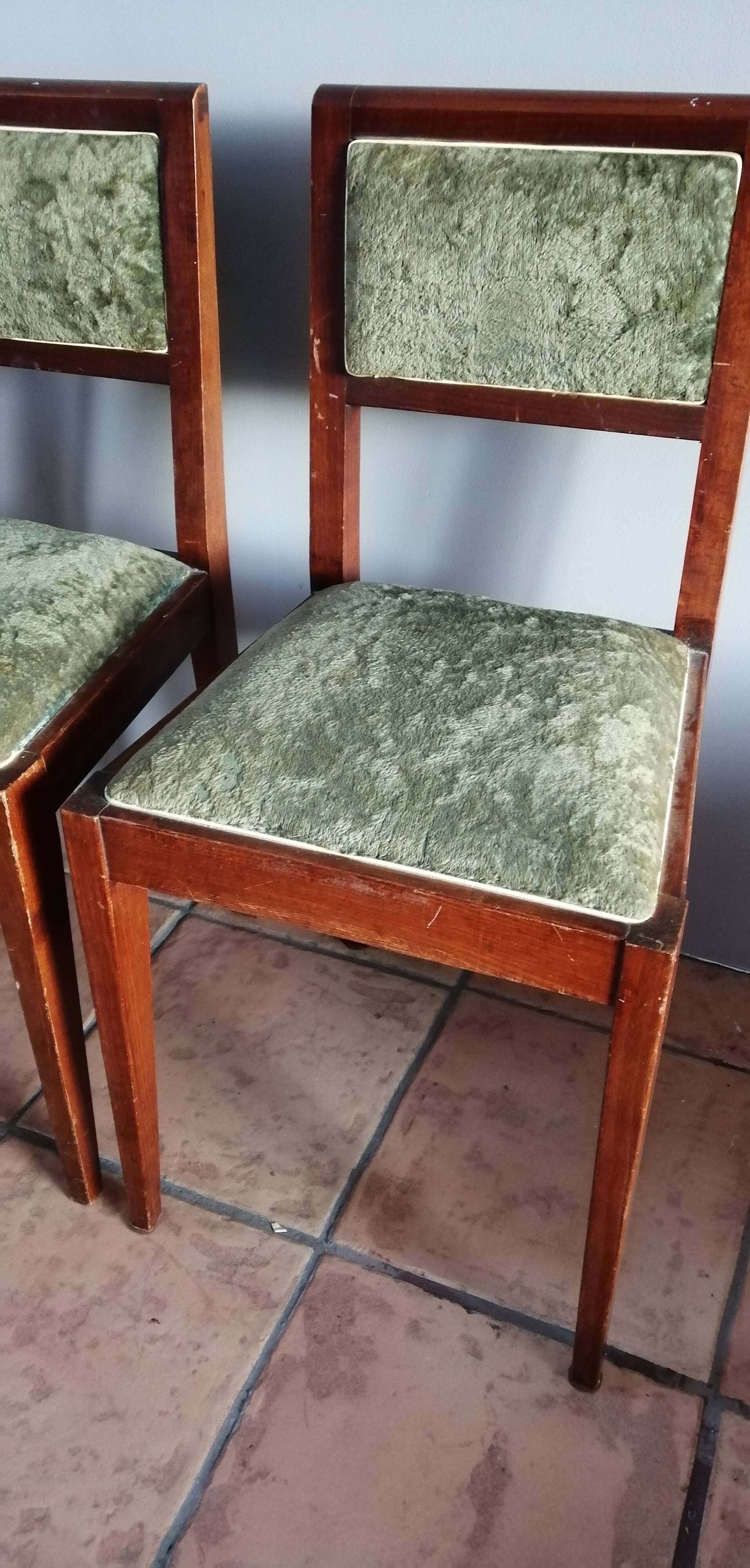 Pair art deco chairs in green velvet