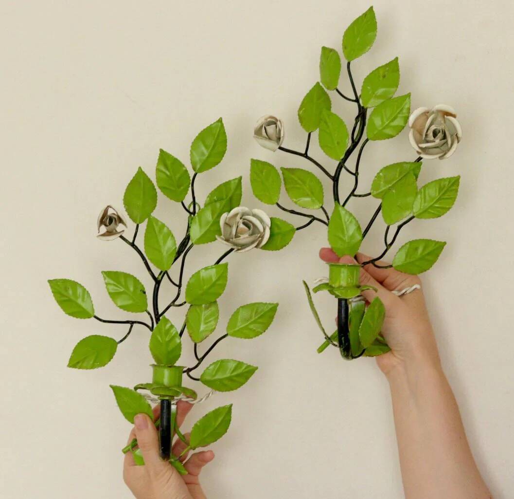 Pair of vintage green metal wall sconces – leaf-shaped