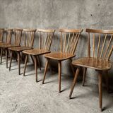Série Lot de 8 anciennes chaises bistrot dlg scandinave en bois dossier cintré et barreaux