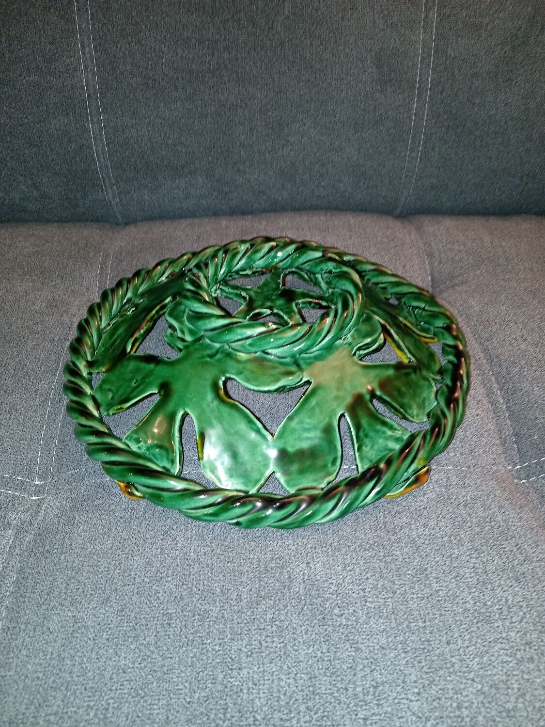 Vintage basket made of woven and glazed ceramic