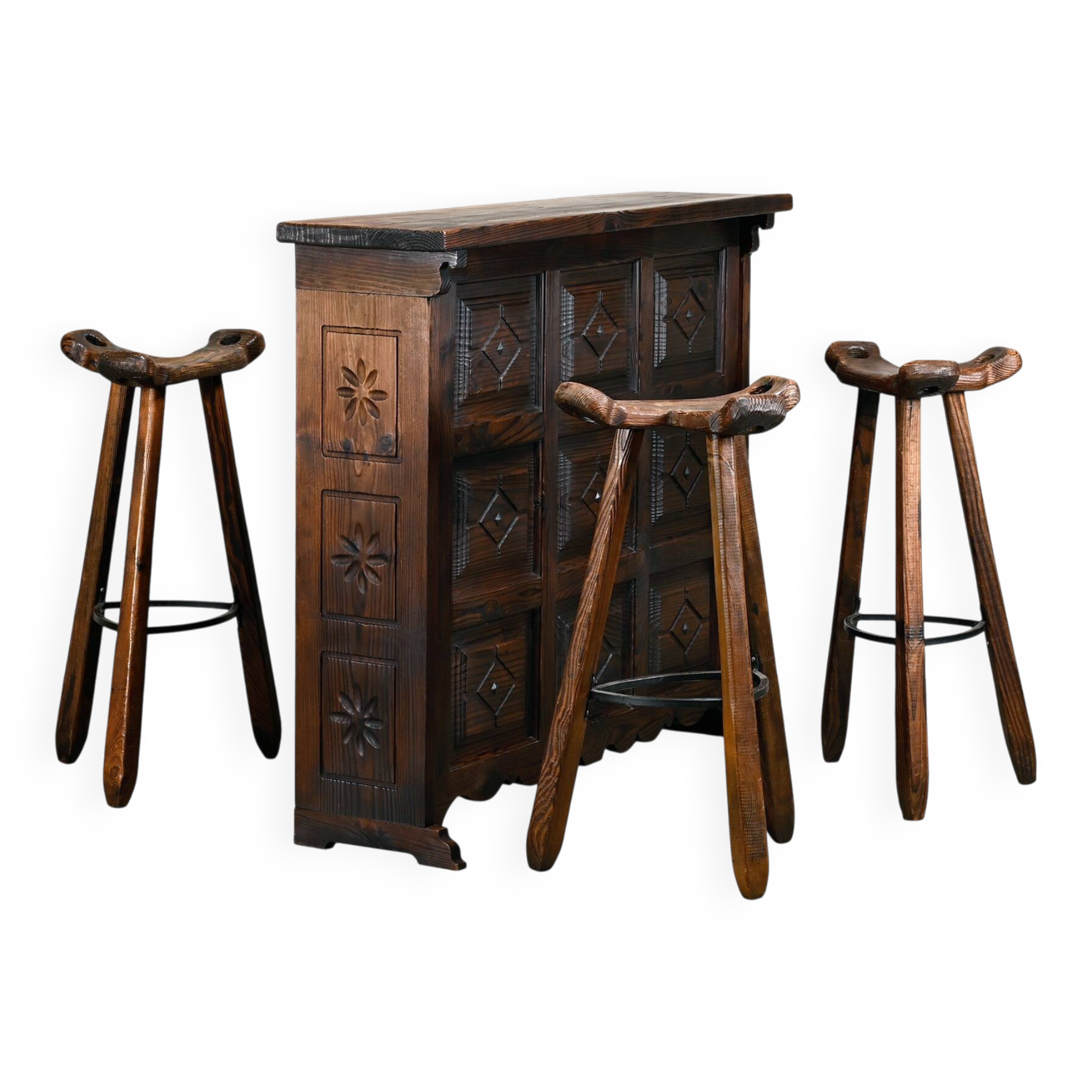 Spanish Rustic Brutalist Dry Bar Counter with matching Barstools