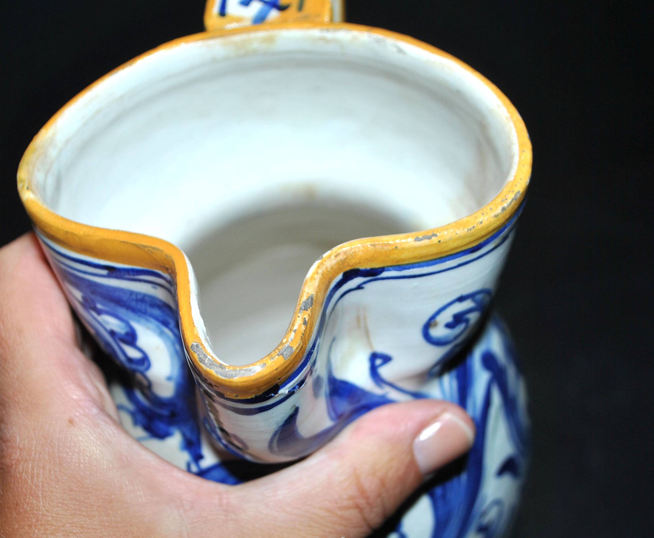 Large Italian ceramic pitcher barbotine majolica blue and yellow decoration