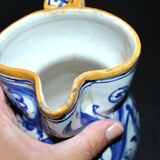 Large Italian ceramic pitcher barbotine majolica blue and yellow decoration
