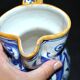 Large Italian ceramic pitcher barbotine majolica blue and yellow decoration