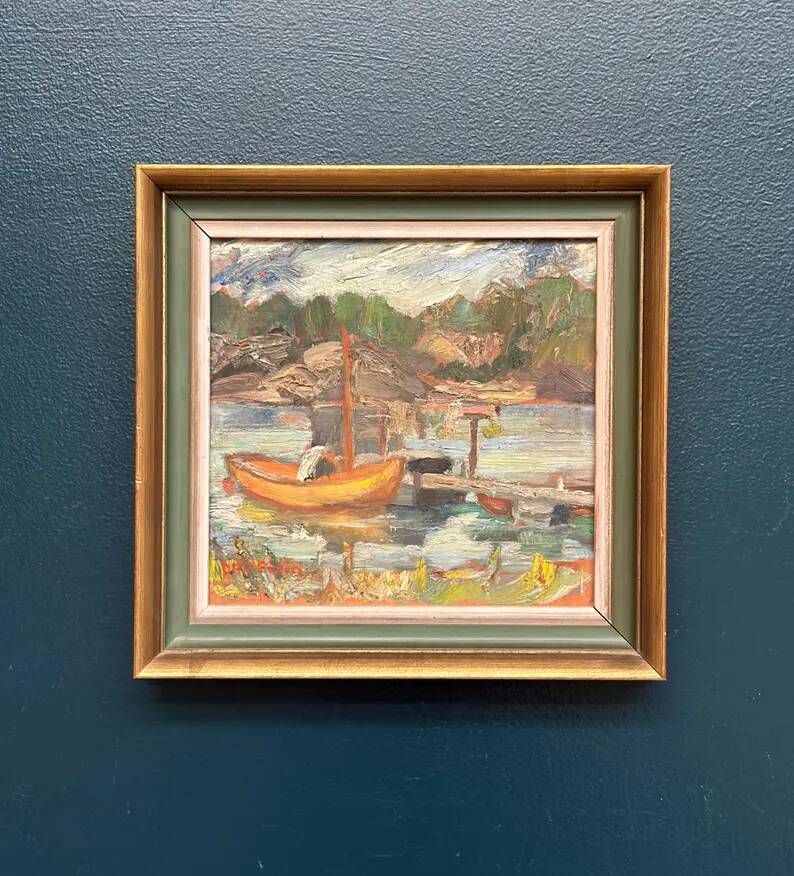 Oil on Swedish Panel - "Dock" by Dal-Edvin - Signed - Vintage and Framed - 31 × 30 cm (12.2 in × 11.8 in)