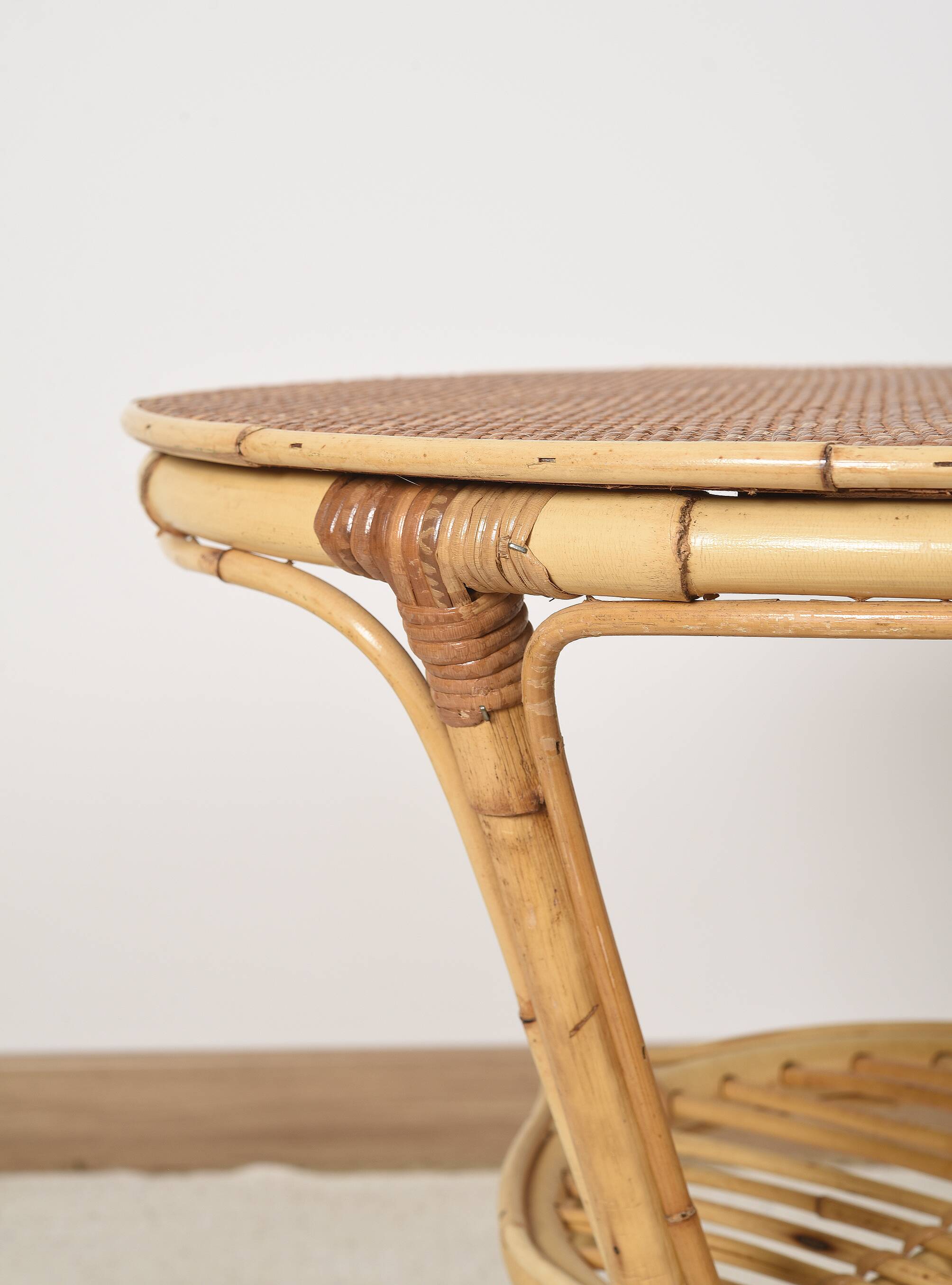 Old round rattan table, vintage from the 70s - 80s. Small table, or side table.