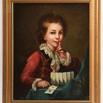 Huile sur toile Jeune garçon jouant aux cartes