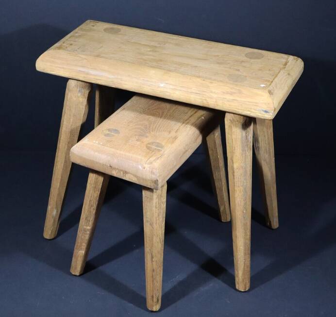Set of 2 solid wood stools in French brutalist style.