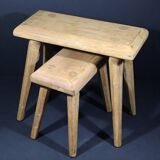 Set of 2 solid wood stools in French brutalist style.
