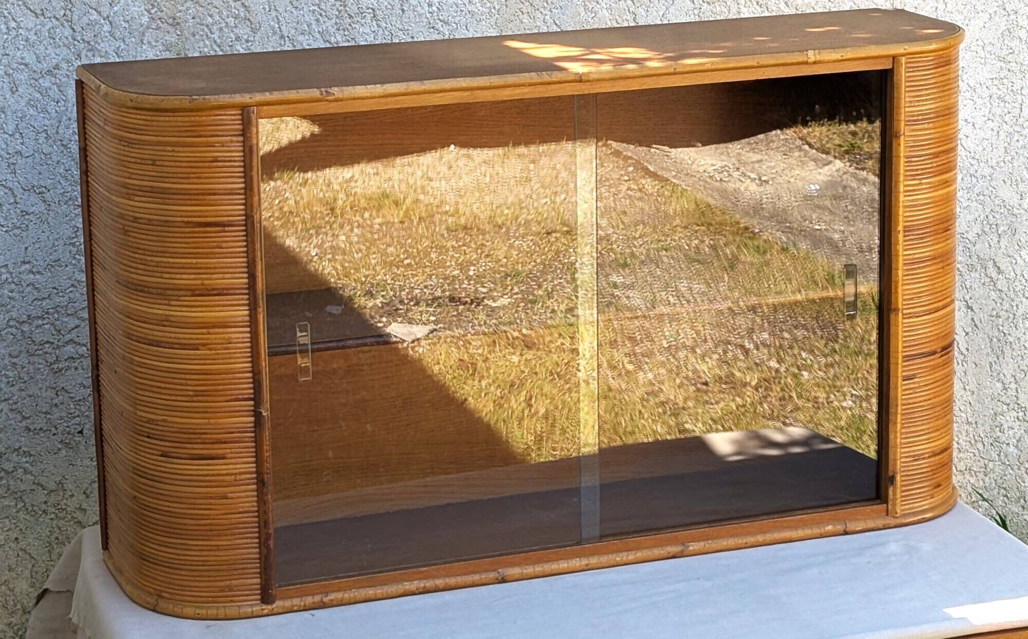Vintage Glass Wall Shelf in Wood and Rattan, Rounded Corners