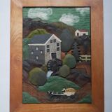 Naïve Art Painting in Handcrafted Wood Decorative Frame for Child Boy Mountain Landscape