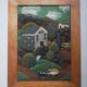 Tableau Art Naïf en bois artisanal cadre de décoration pour enfant garçon paysage de montagne