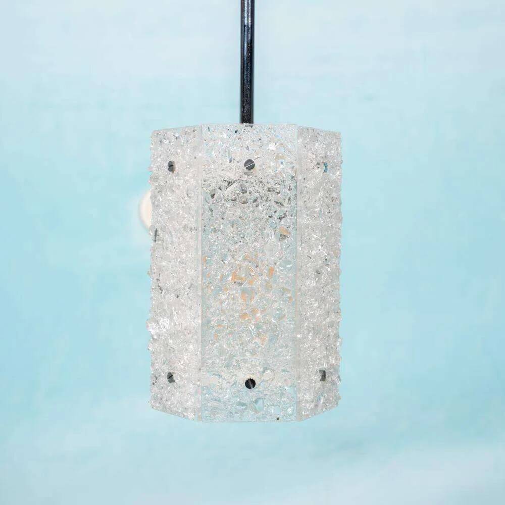 Vintage hexagonal glass and chrome pendant lamp from the 1960s.