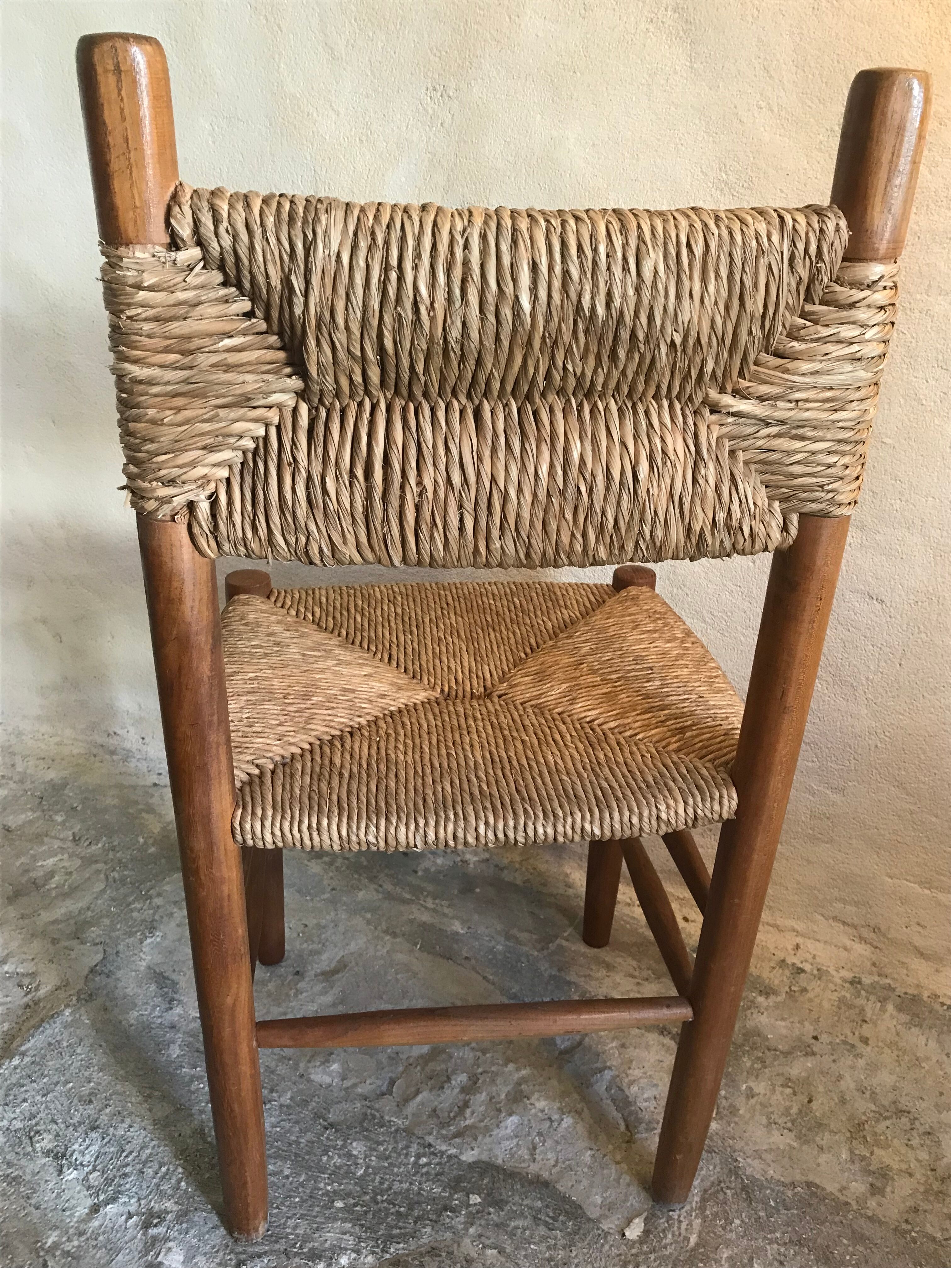 Brutalist vintage beech chair and mid-century straw