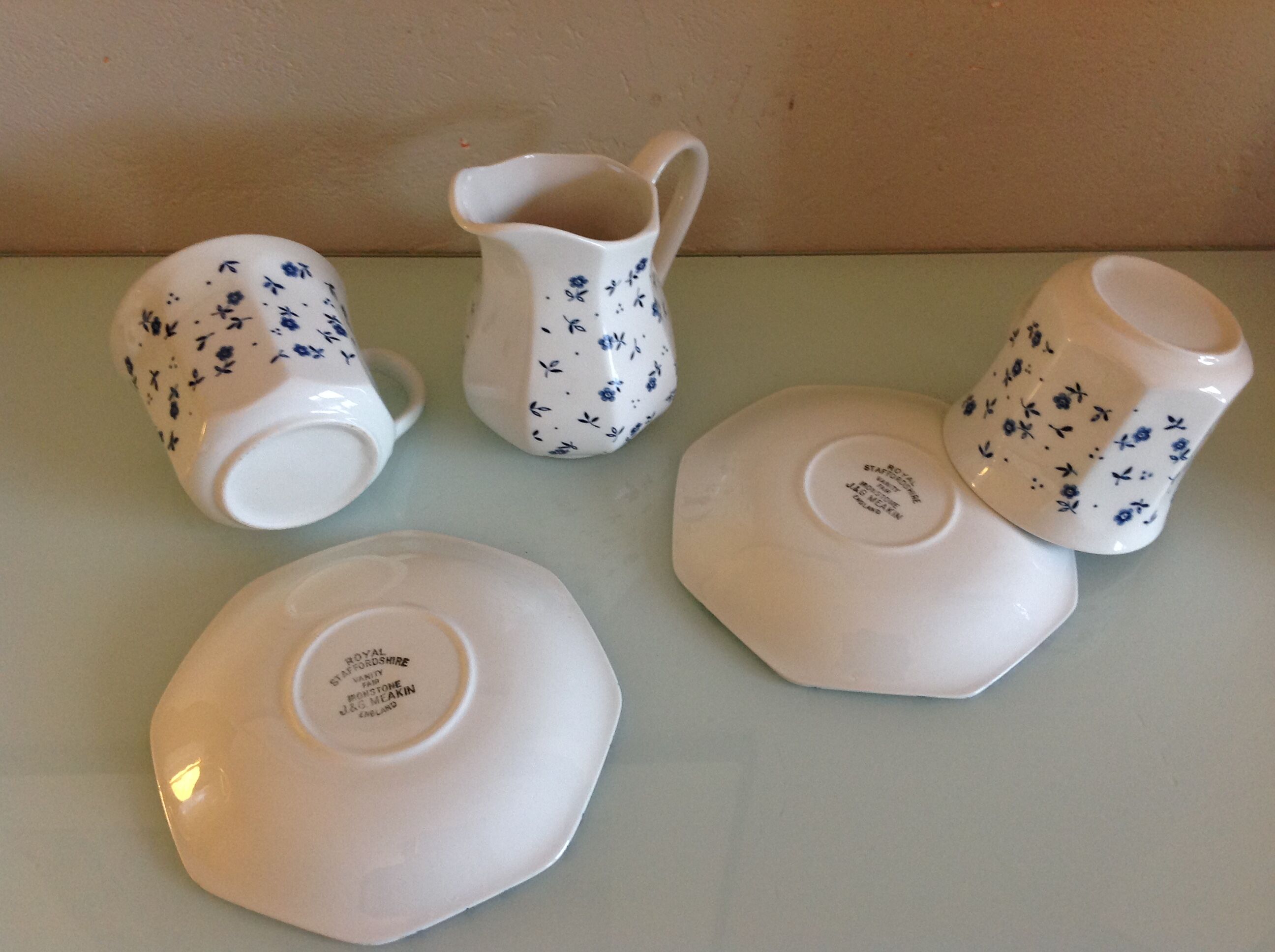 White ceramic tea set with blue flowers / vintage 70s