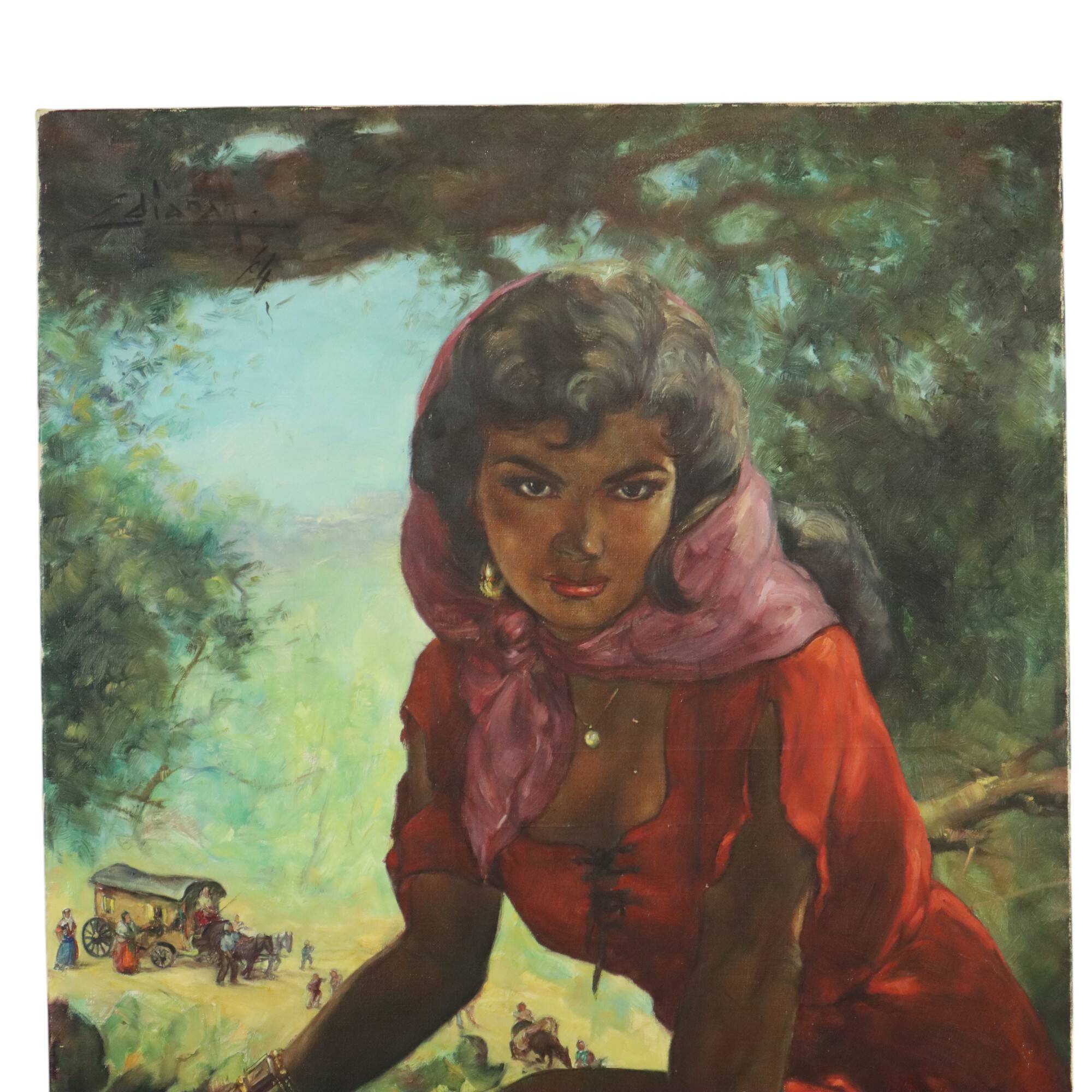 Large Painting Gypsy Young Woman Oil on Canvas 1964