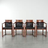 Black leather set of 4 Art Deco design dining chairs with armrests