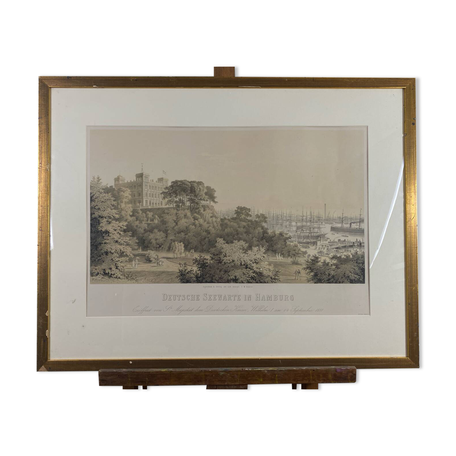 Lithograph under glass "Port of Hamburg", 19th century.