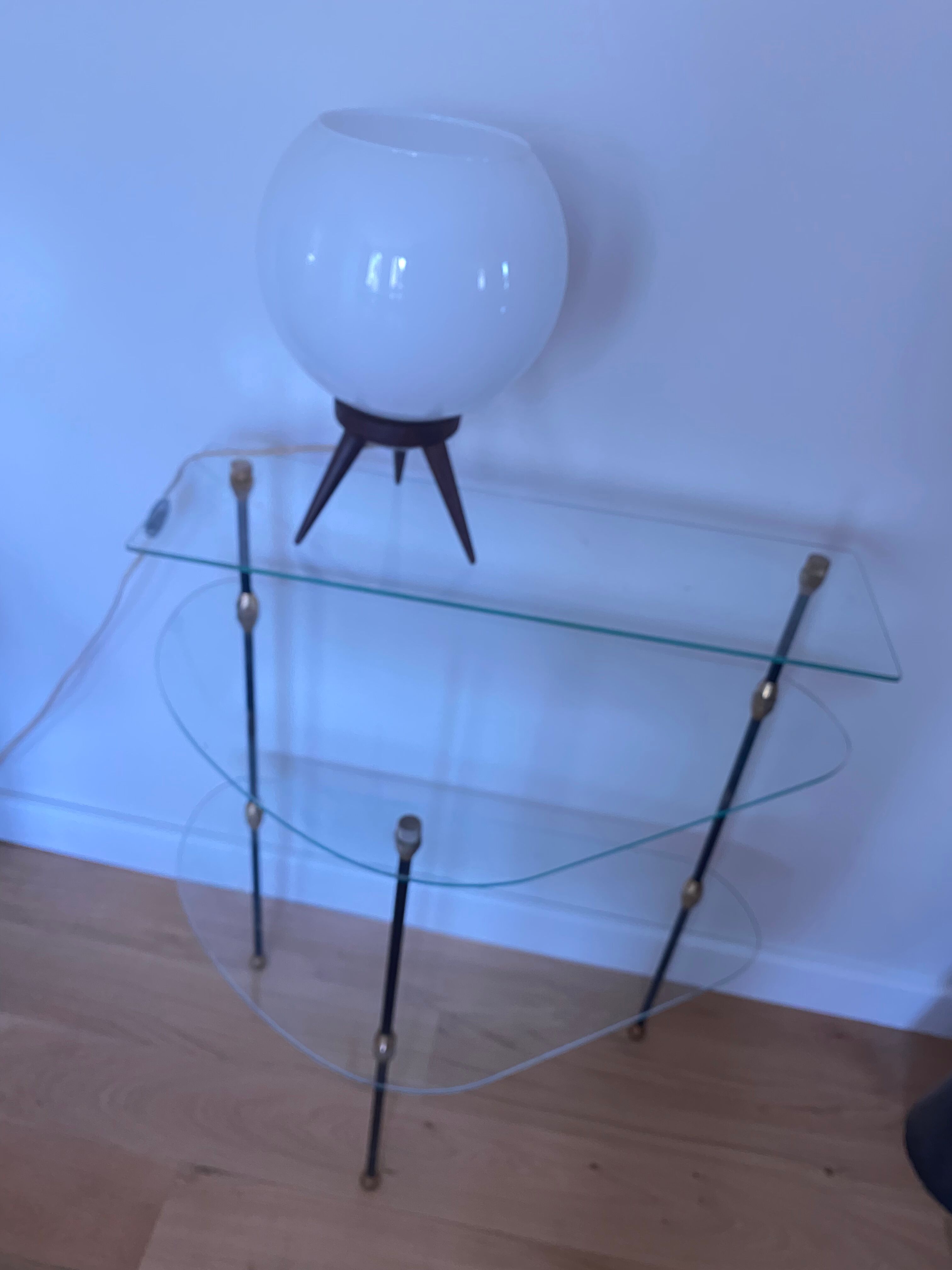 Glass and iron tripod console 1950