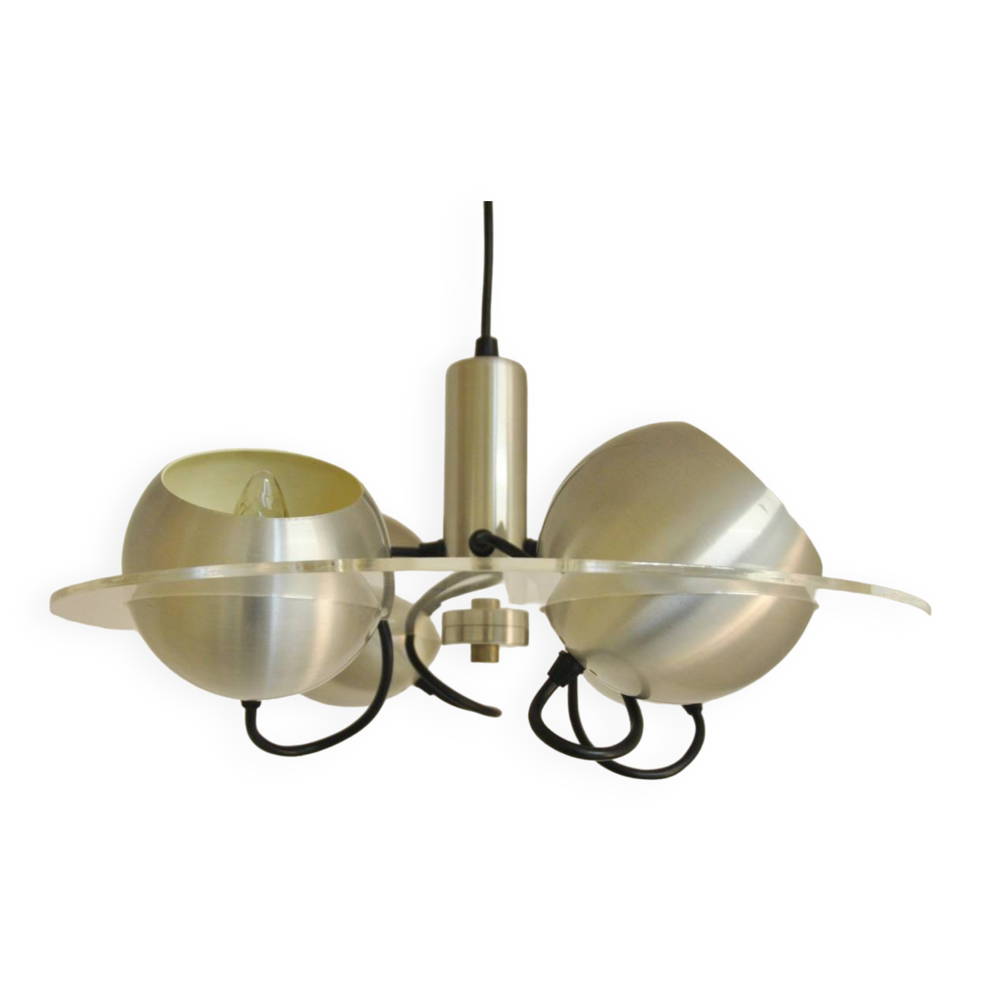 Space age pendant lamp with acrylic plate and 4 aluminum spots, 1970's