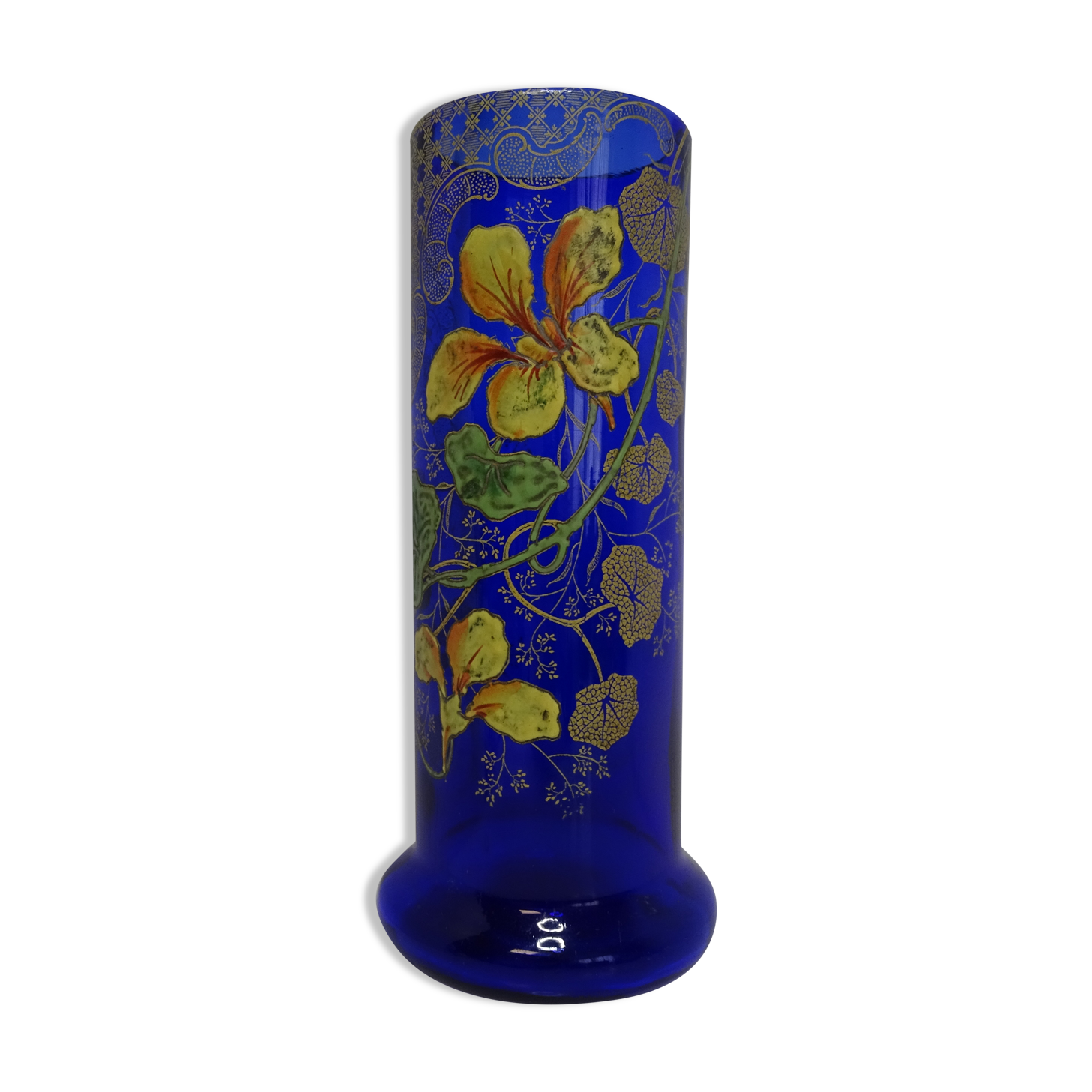 Vase rouleau Legras bleu cobalt émaillé de fleurs Selency