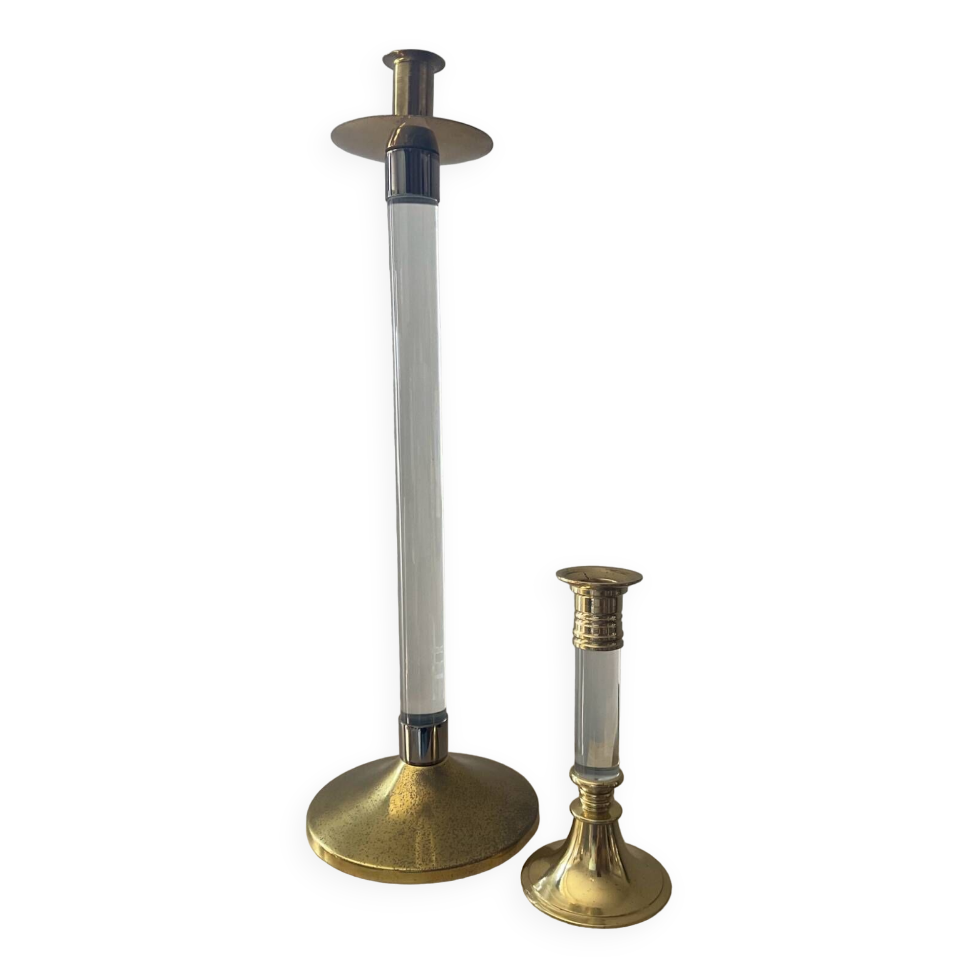 Duo of vintage brass and lucite candlesticks