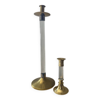 Duo of vintage brass and lucite candlesticks