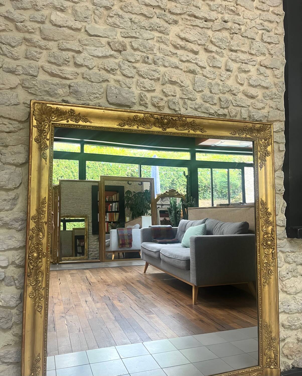 Antique fireplace mirror 144.5cm/131.5cm gold leaf and mercury