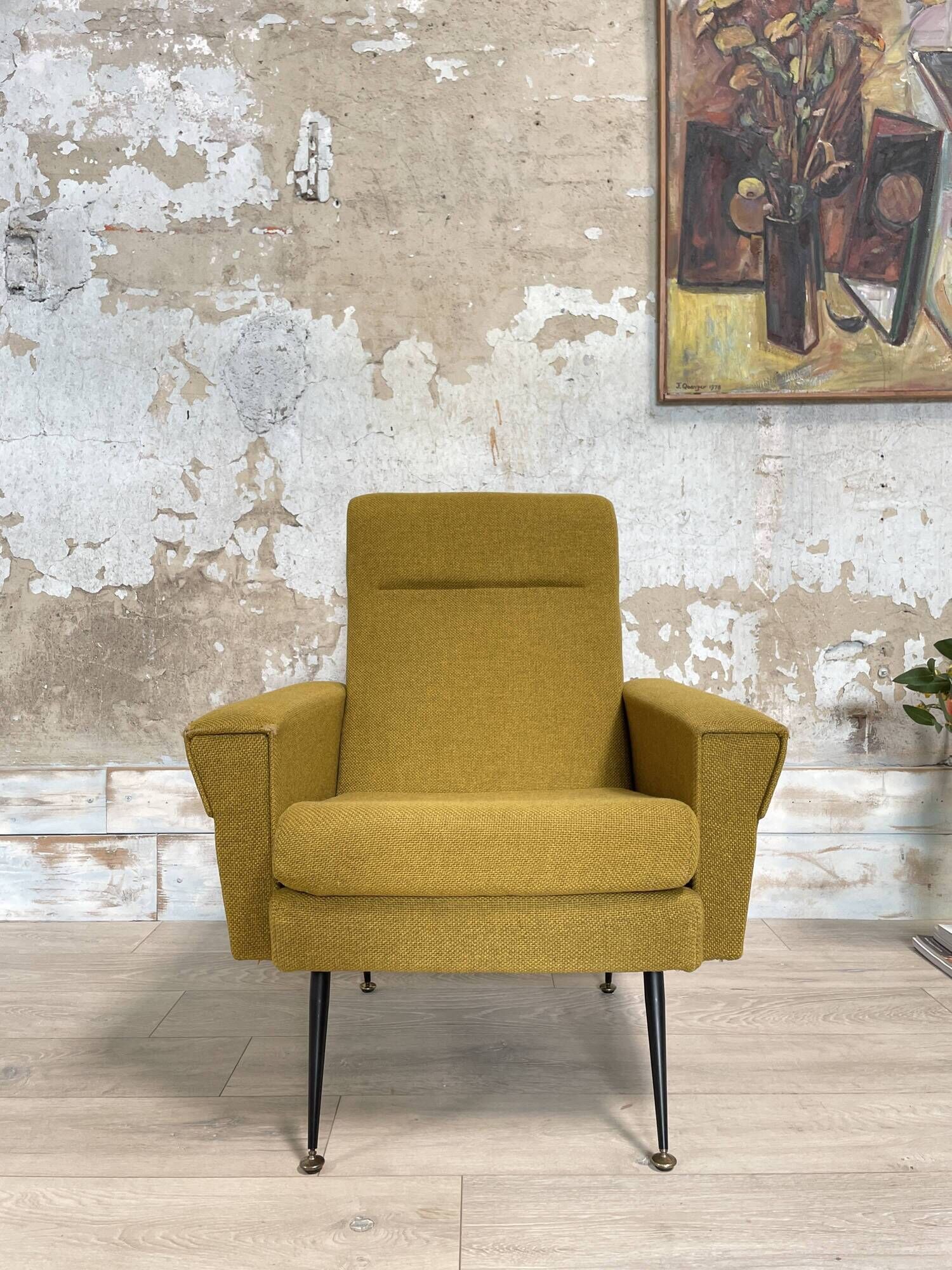 Vintage armchair in fabric and metal compass legs, circa 1950.