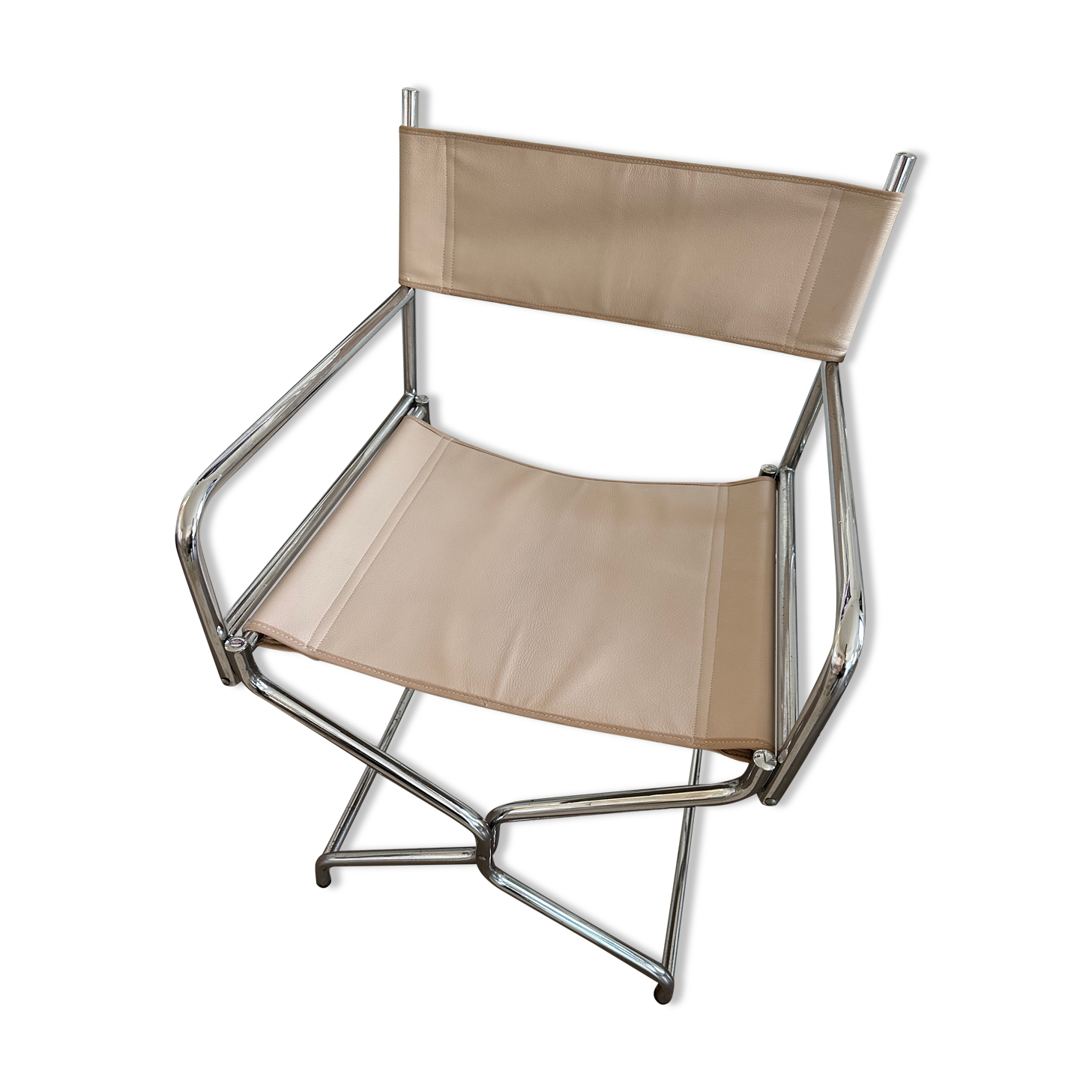 Chaise fauteuil vintage metteur en scène chrome & cuir beige