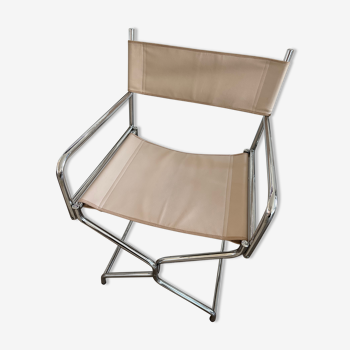 Chaise fauteuil vintage metteur en scène chrome & cuir beige