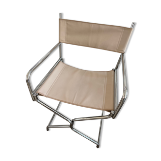 Chaise fauteuil vintage metteur en scène chrome & cuir beige