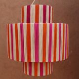 Natural orange pink striped raffia pendant light