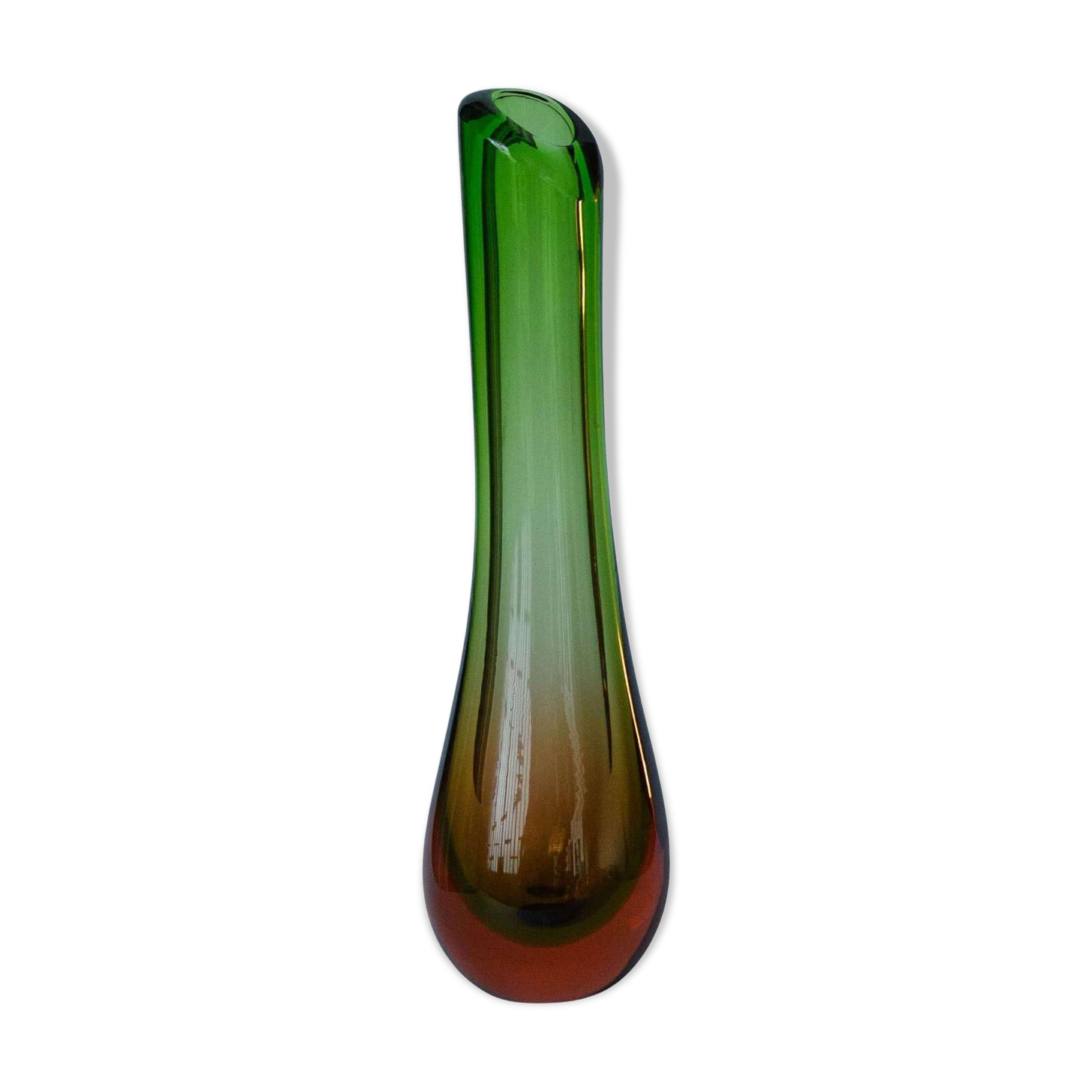 Vintage Big, Tall and Heavy Murano Vase in Green and Orange "Sommerso" Glass