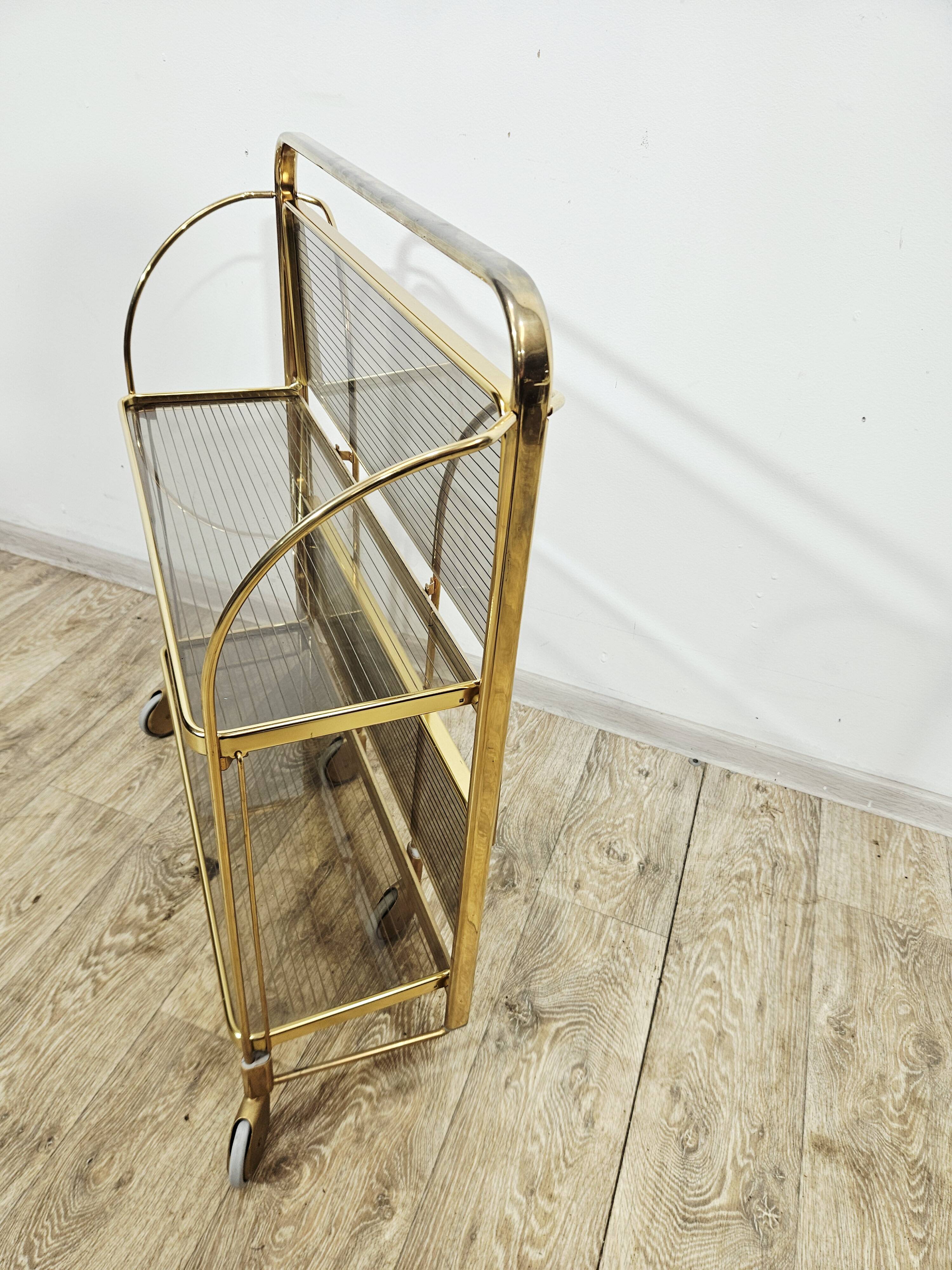 Mid-Century Folding Bar Cart – Brass and Ribbed Plexiglass – 1960s