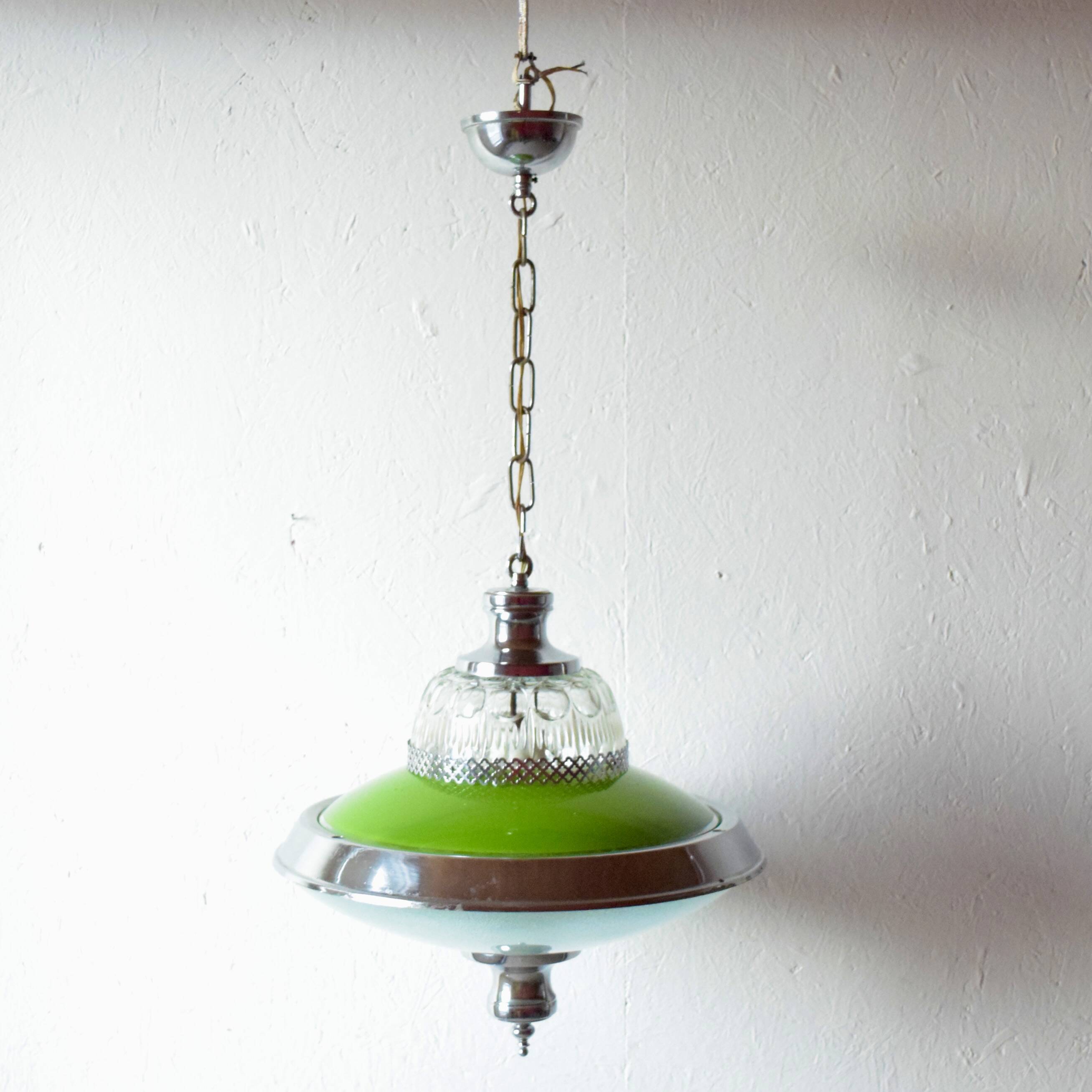 Vintage green glass and chrome metal pendant light