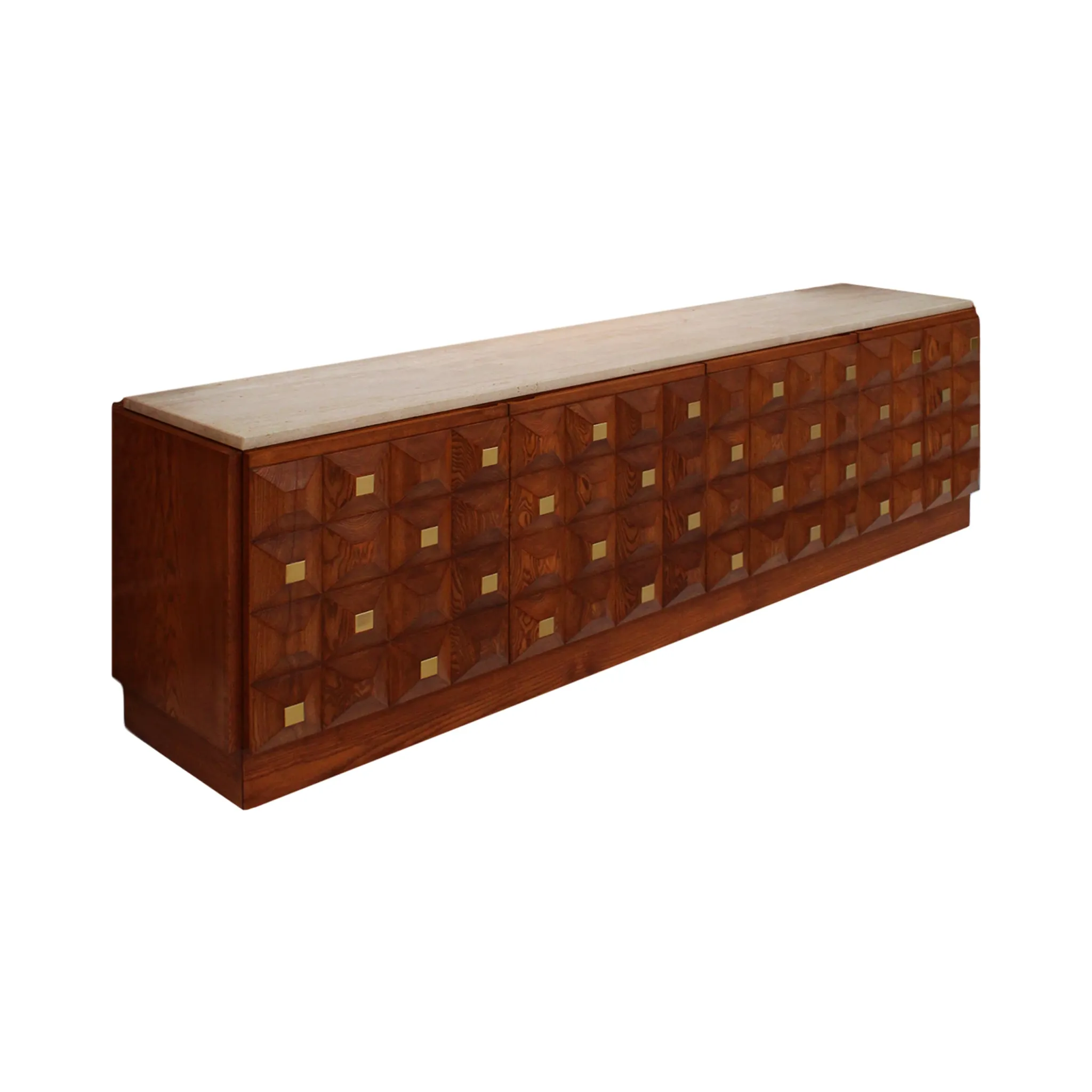 Contemporary Square Pattern Oak Wood, Brass and Travertine Top Italian Side