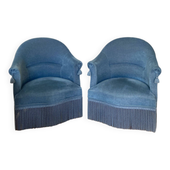 Pair of blue velvet toad armchairs from the 60s