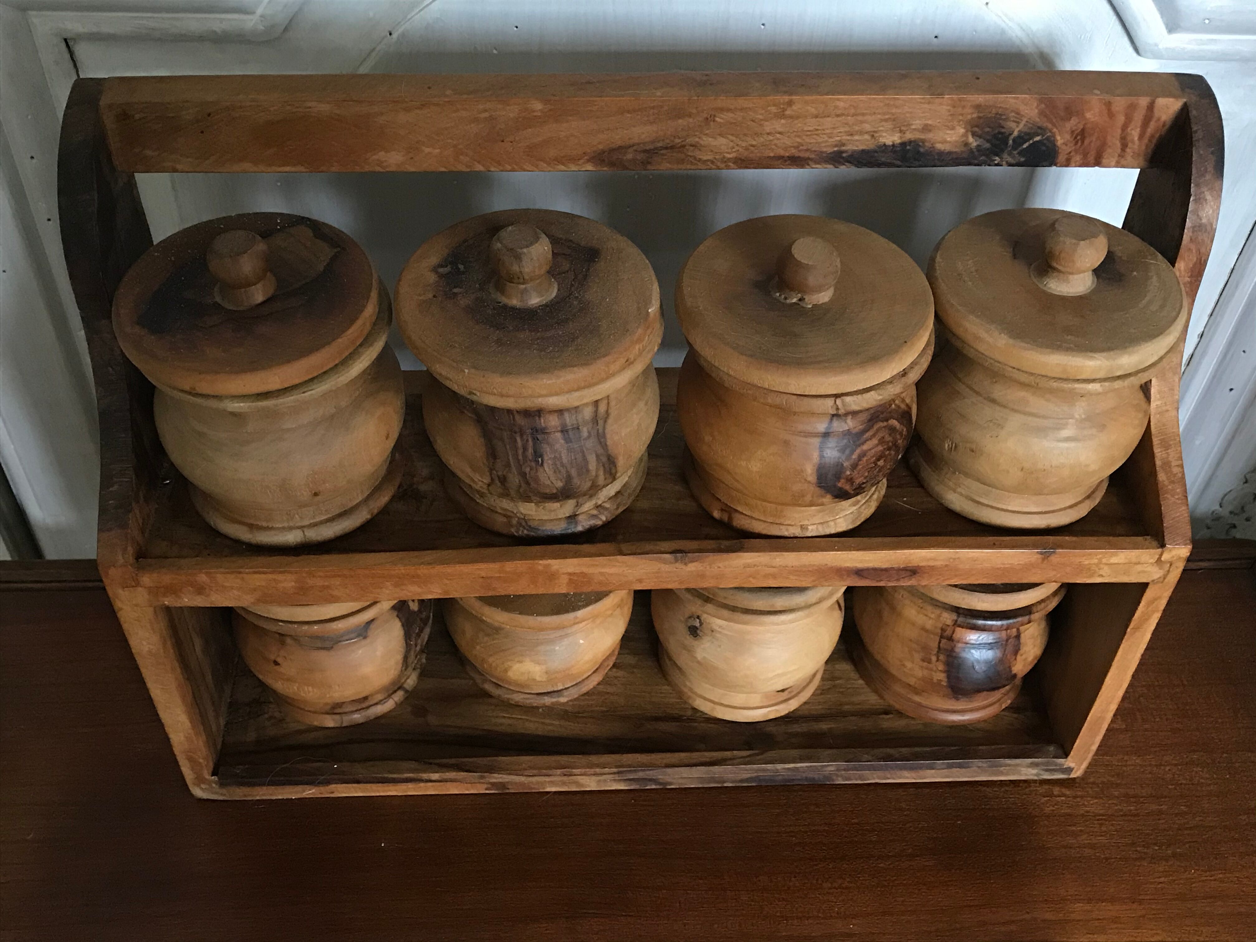 Spice shelf and olive wood pots
