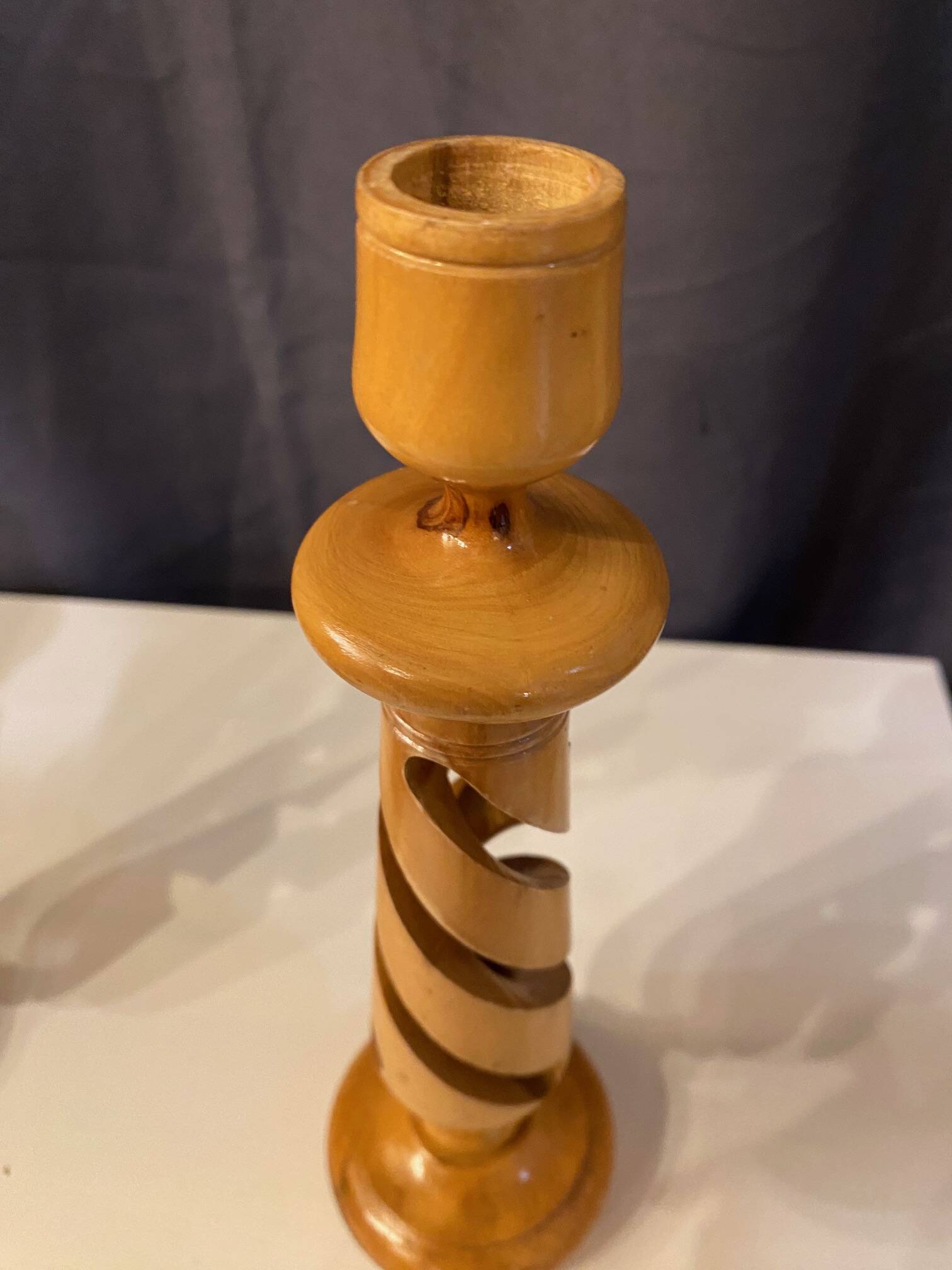 PAIR OF LEMON WOOD CANDLESTICKS CARVED INTO SPIRAL 1970s