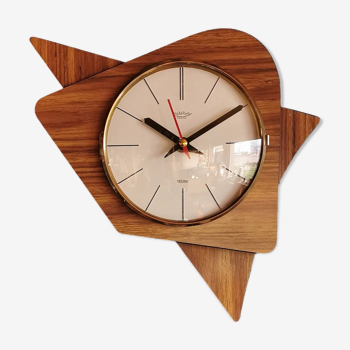 Vintage formica clock silent asymmetrical wall pendulum "Lutetia wood"