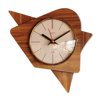 Vintage formica clock silent asymmetrical wall pendulum "Lutetia wood"