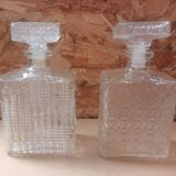 Pair of molded glass whiskey liqueur carafes + vintage stoppers