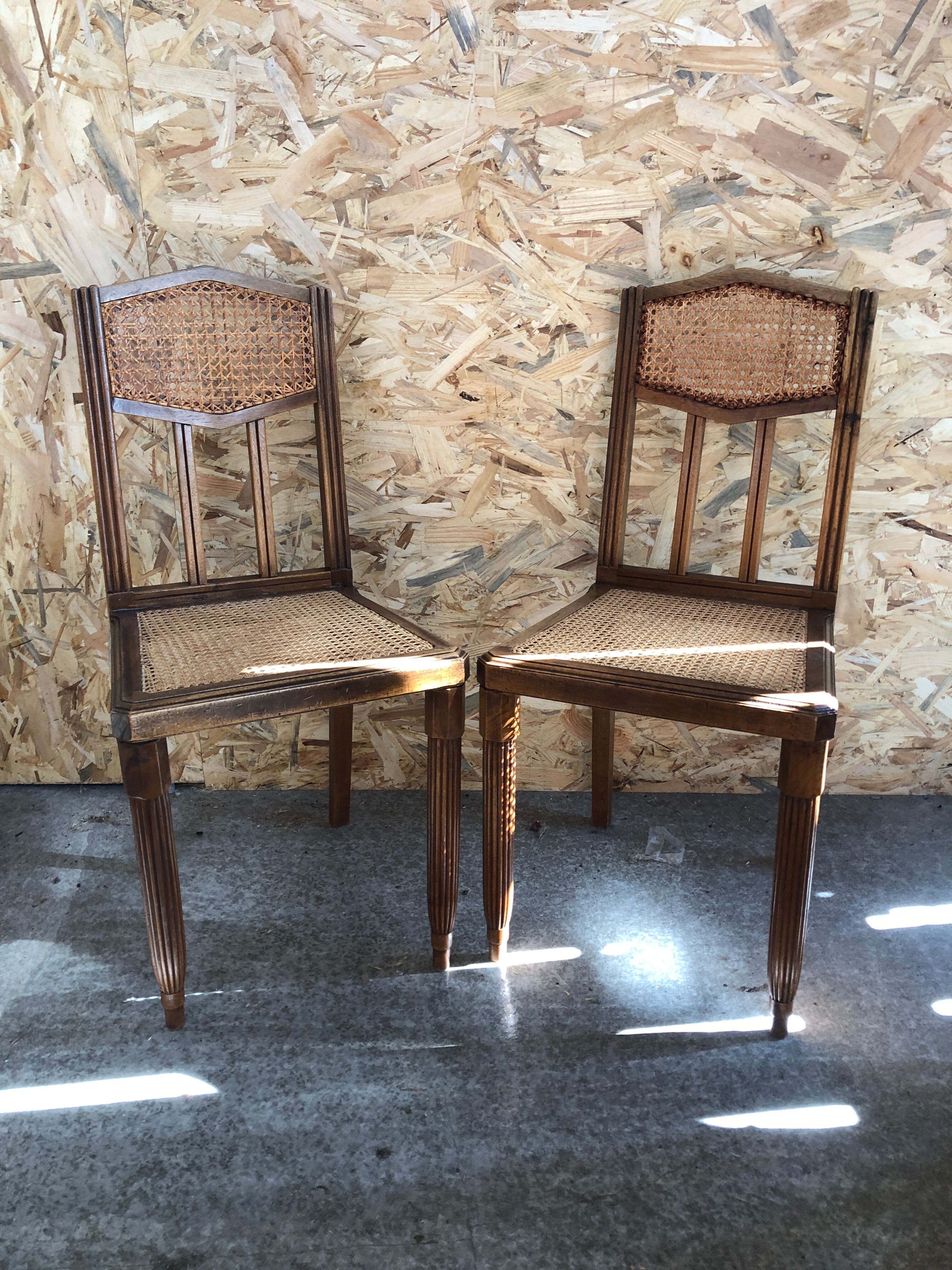 Pair old chair style louis xvi wood + seat & back cannée vintage