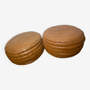 Pair of brown De Sede patchwork leather poufs