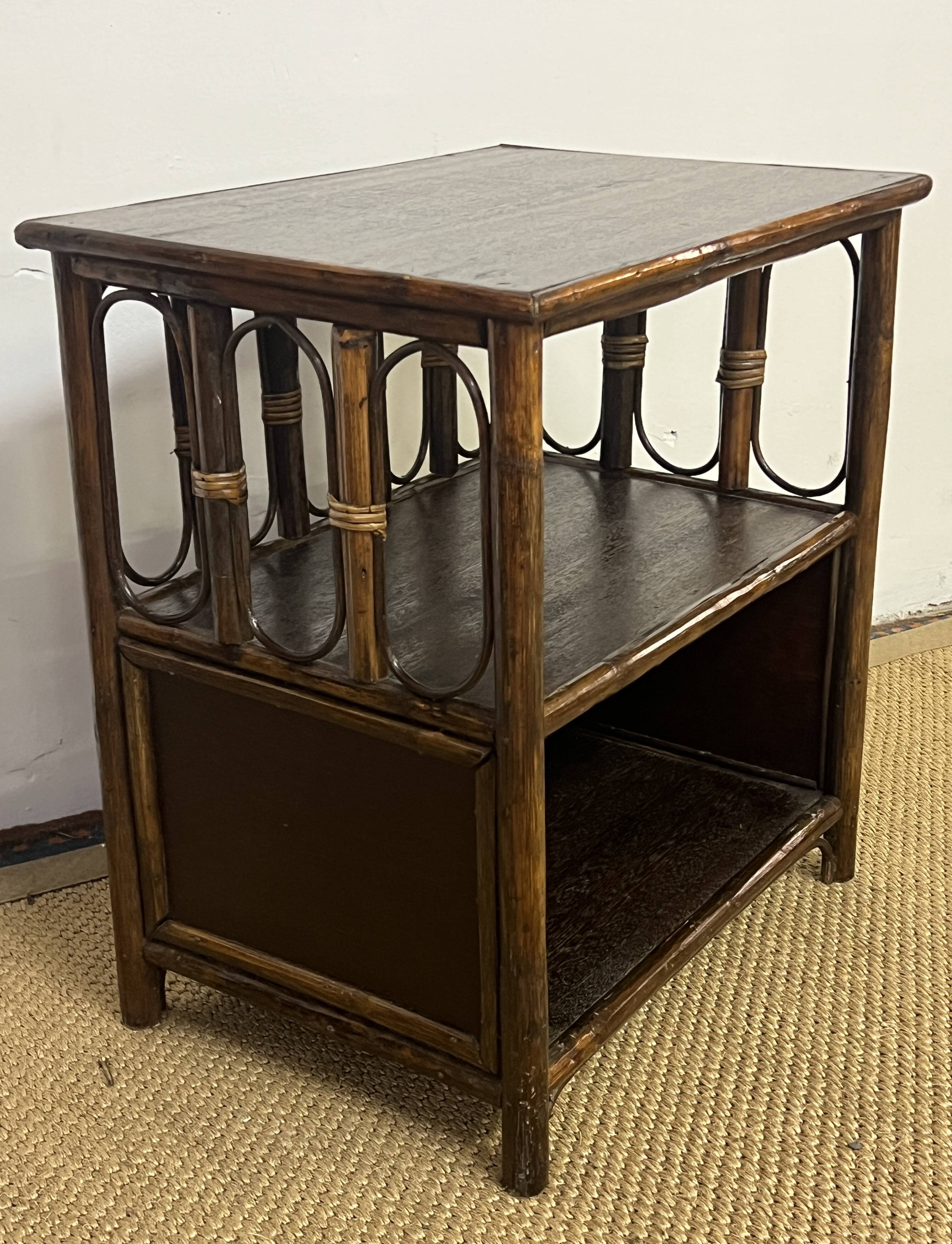 Small vintage wood and rattan bookcase shelf