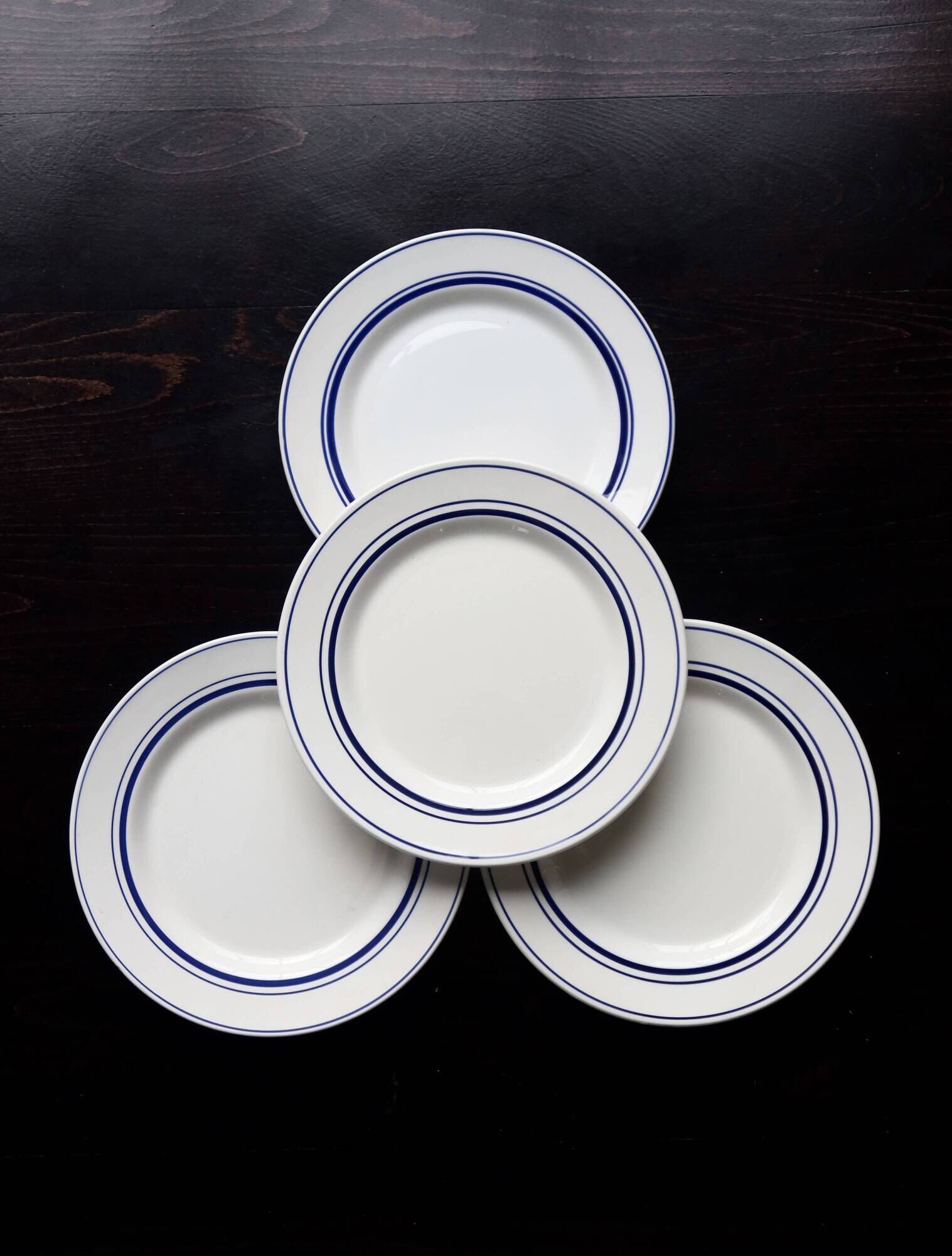 4 vintage bistro style flat plates in blue and white porcelain