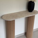 Travertine and wood console | raw oak