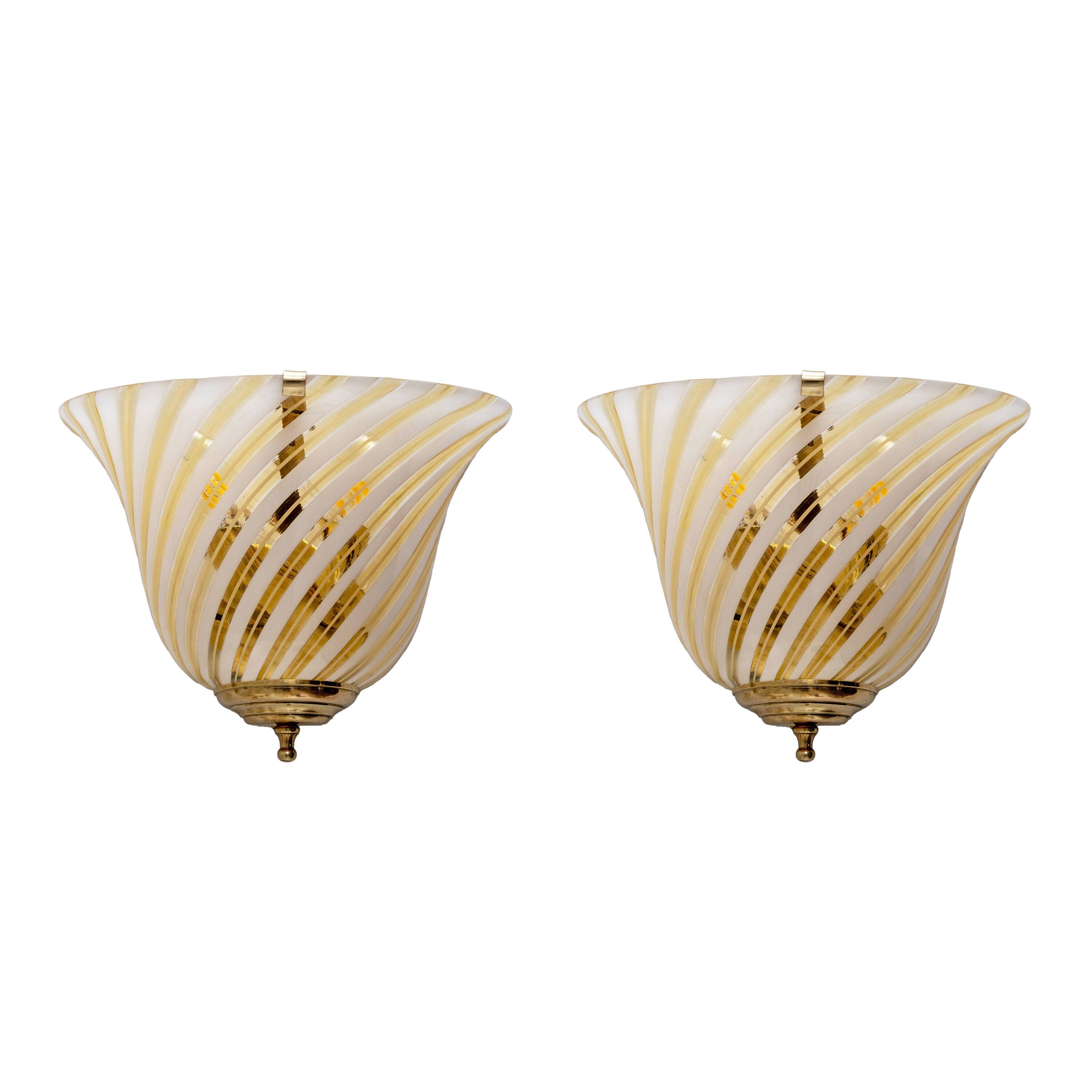 Pair of Murano Glass and Brass Sconces, In the Barovier&Toso Style, 1960s