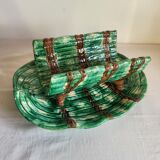 Dish and Asparagus Drainer in Green Barbotine Earthenware